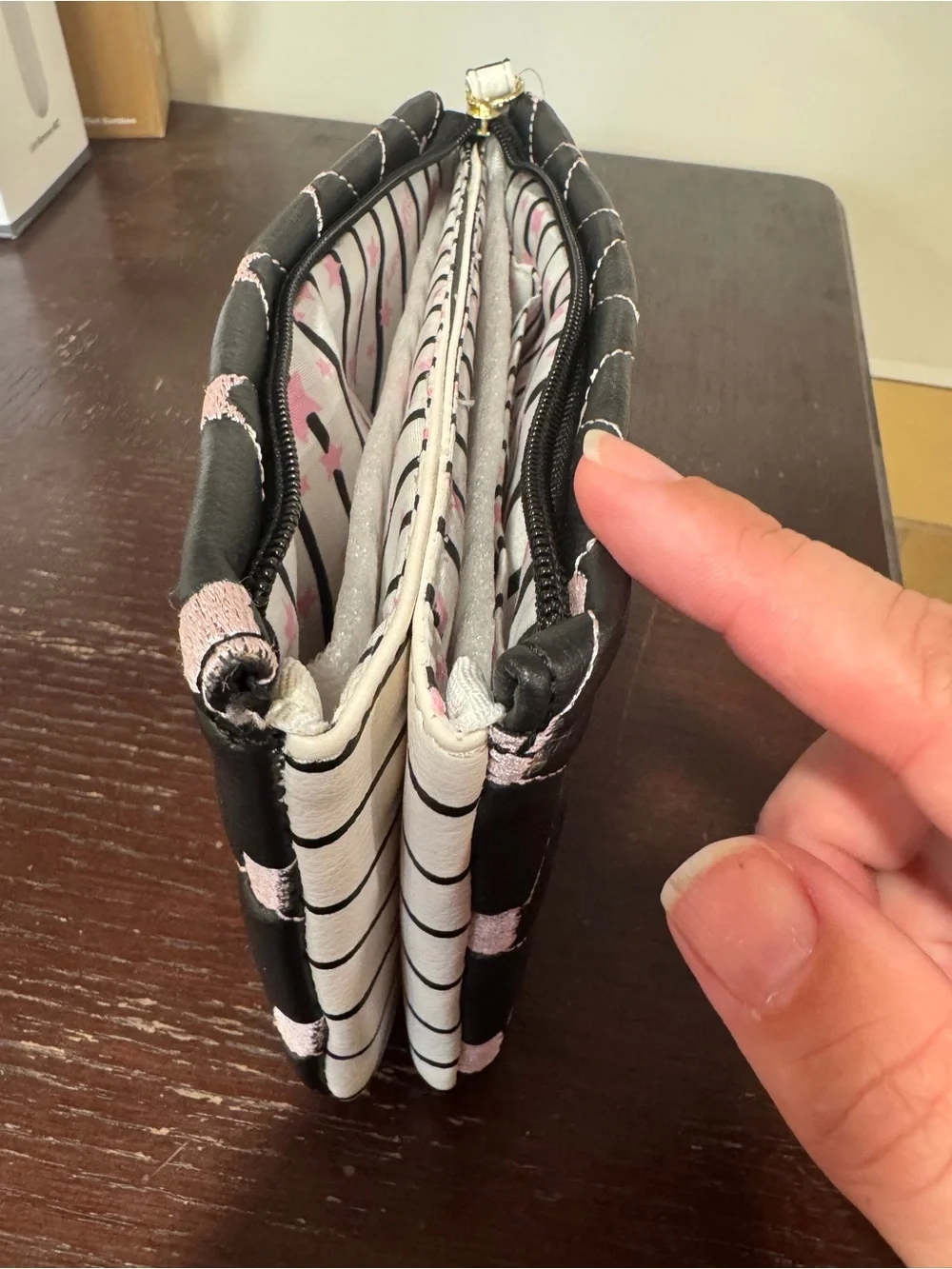 NWT Betsey Johnson Double Pouch Wristlet Pink Cats Black with White Stripes